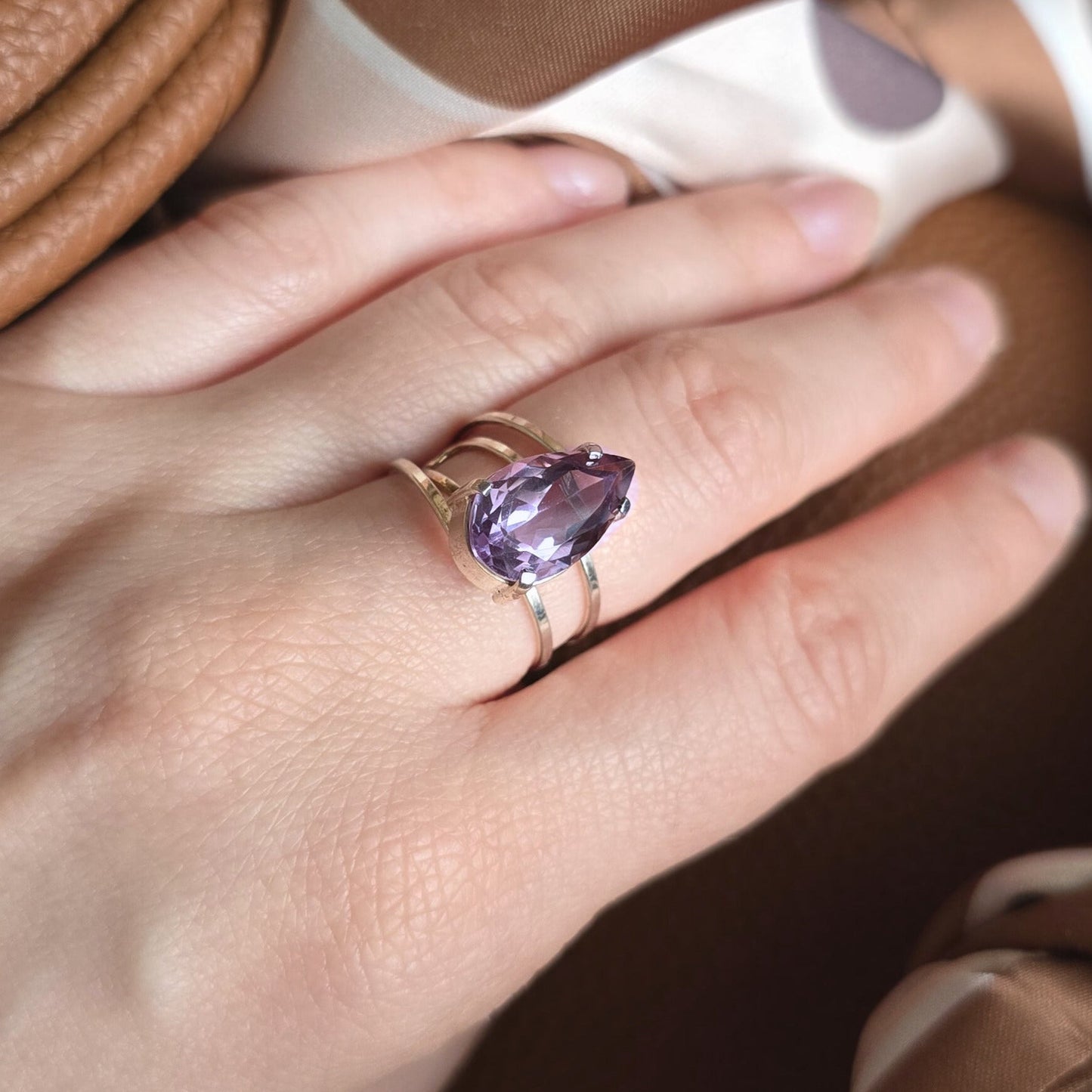 Amethyst - Silver Teardrop Ring