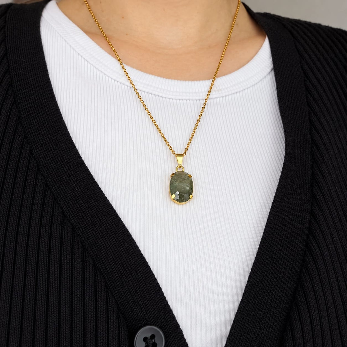 Green Rutilated Quartz - Faceted Oval Necklace