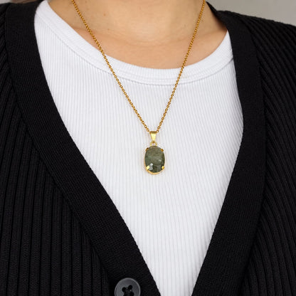 Green Rutilated Quartz - Faceted Oval Necklace