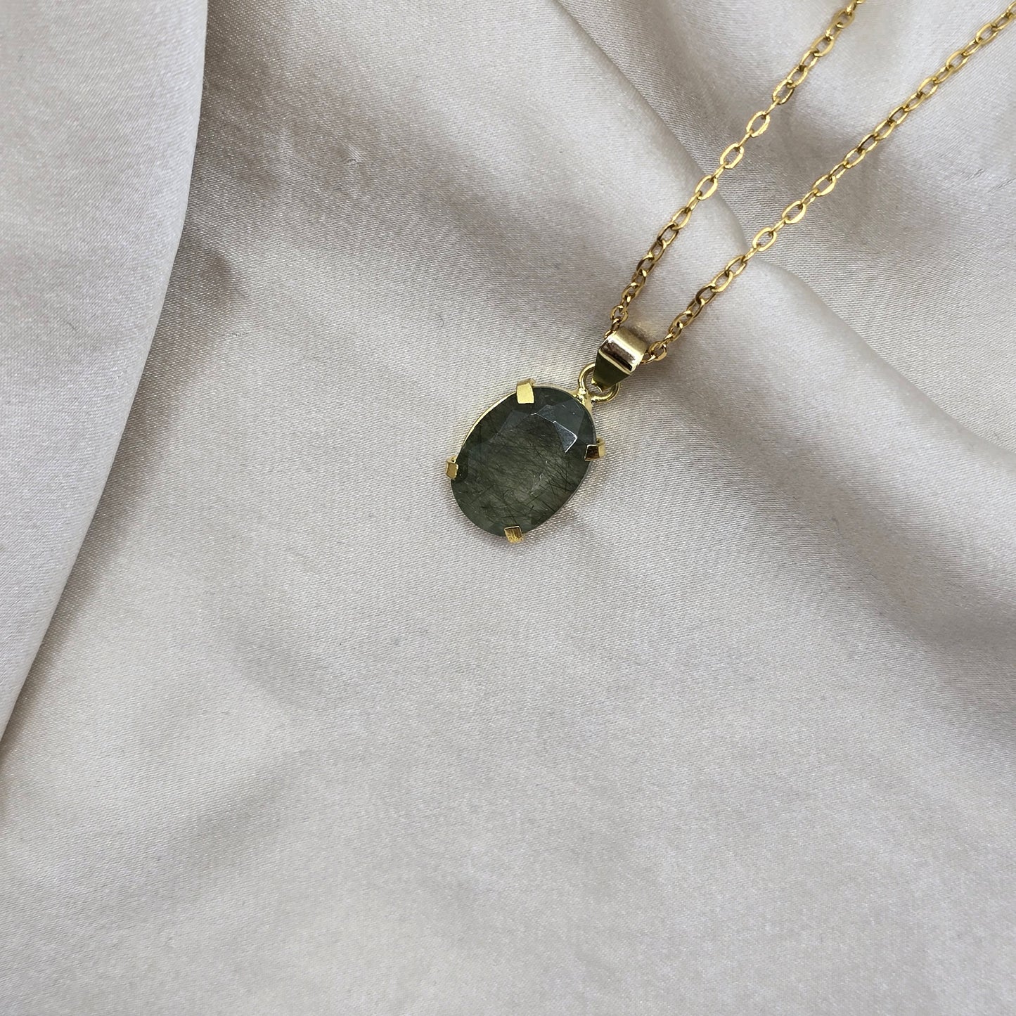 Green Rutilated Quartz - Faceted Oval Necklace
