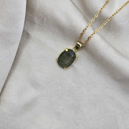 Green Rutilated Quartz - Faceted Oval Necklace