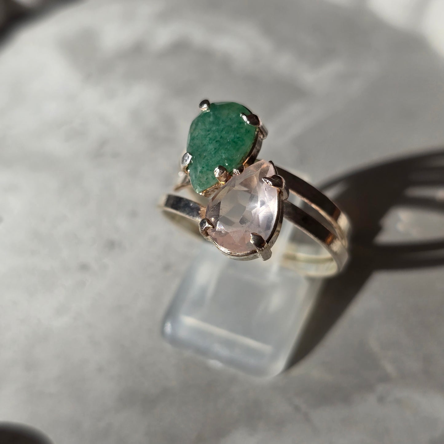 Green Aventurine And Rose Quartz - Duo Teardrop Ring