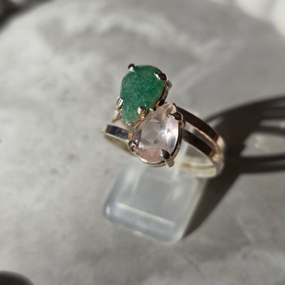 Green Aventurine And Rose Quartz - Duo Teardrop Ring
