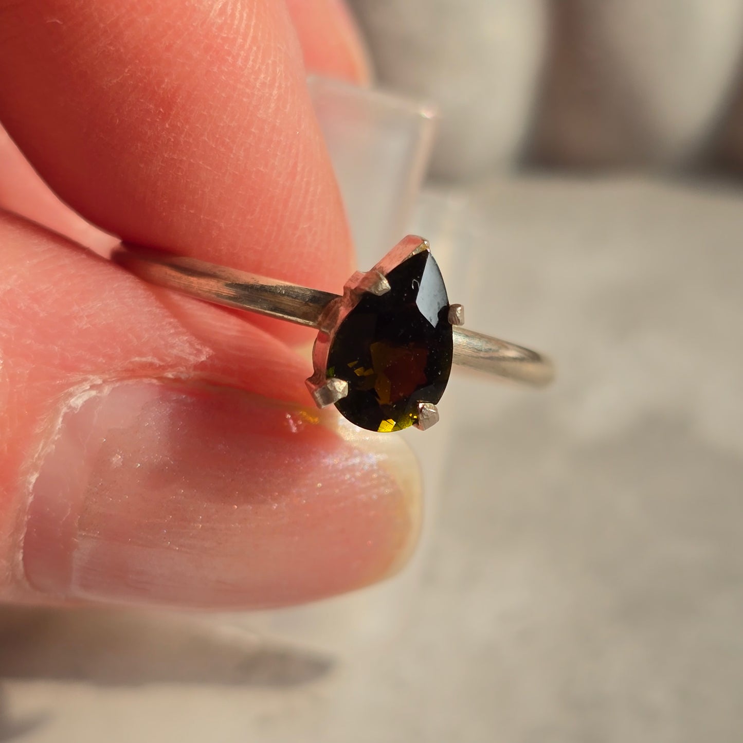 Green Tourmaline Teardrop - Silver Ring