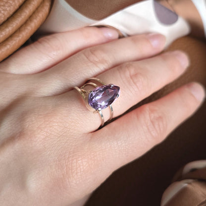 Amethyst - Silver Teardrop Ring