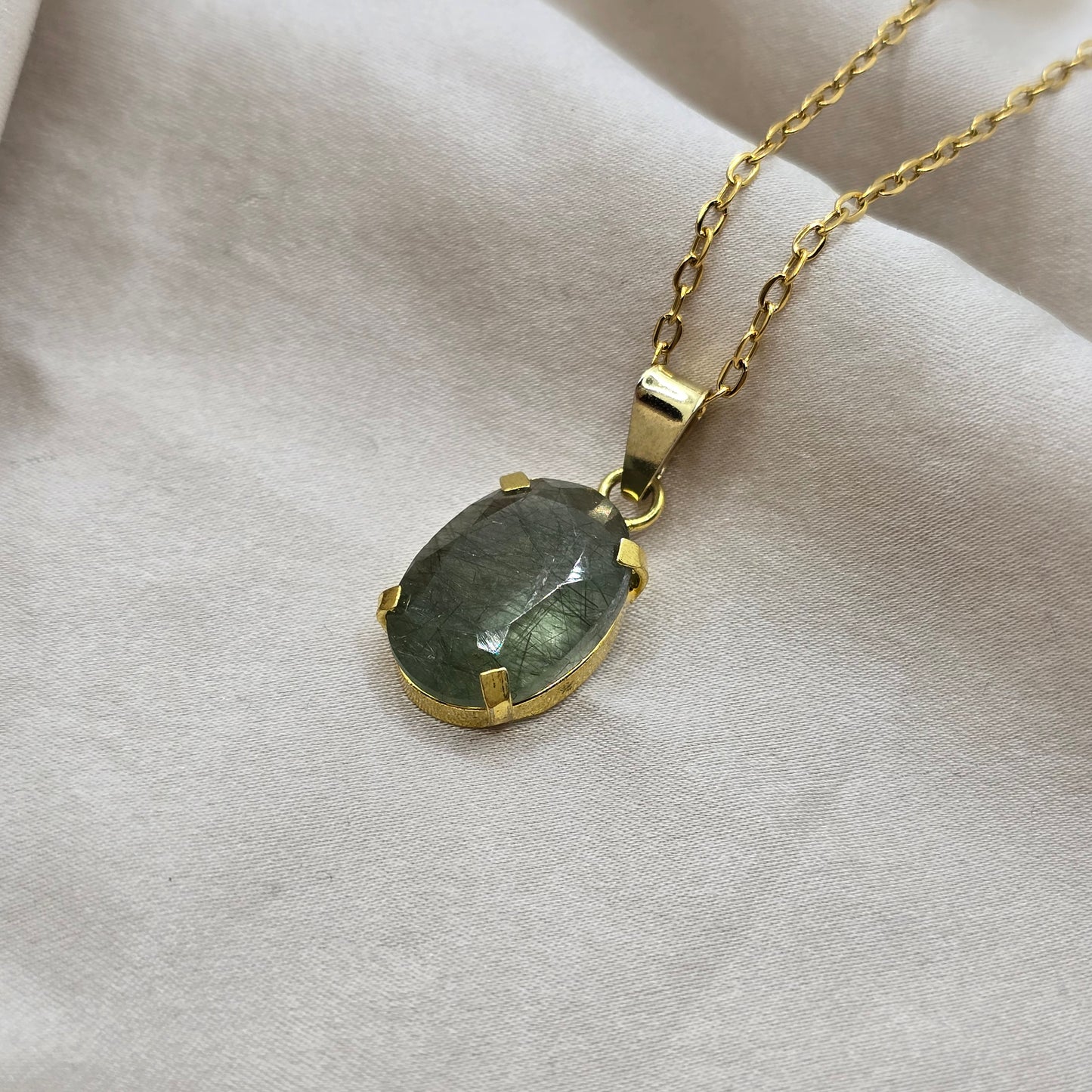 Green Rutilated Quartz - Faceted Oval Necklace