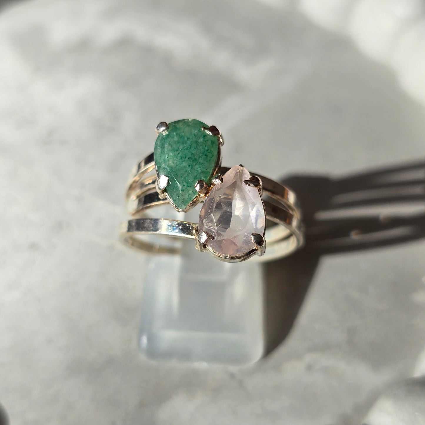 Green Aventurine And Rose Quartz - Duo Teardrop Ring