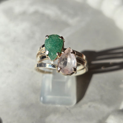 Green Aventurine And Rose Quartz - Duo Teardrop Ring