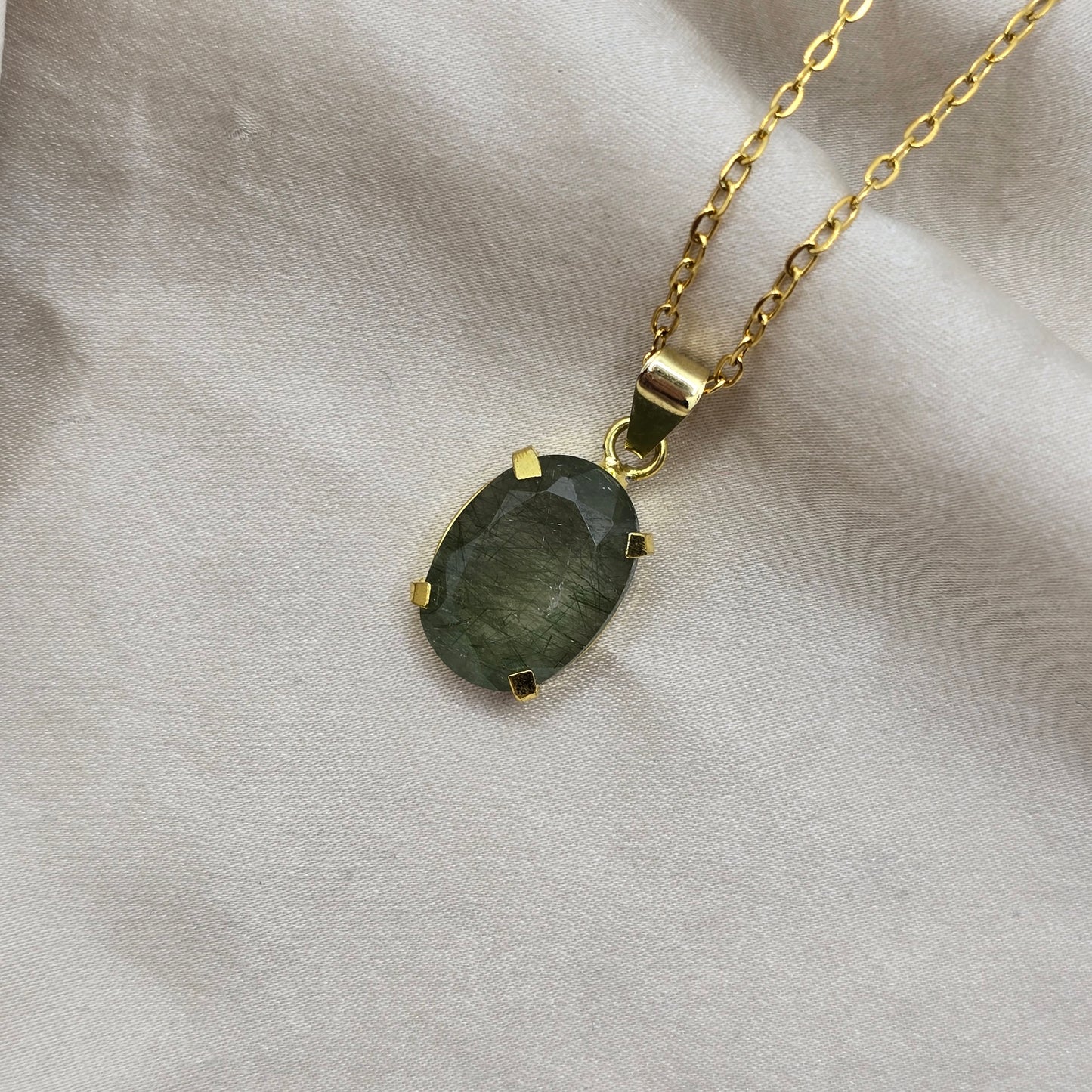 Green Rutilated Quartz - Faceted Oval Necklace