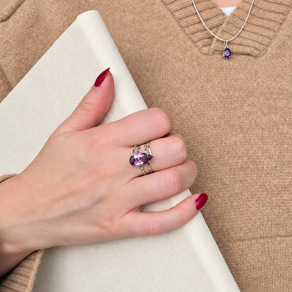 Amethyst - Silver Teardrop Ring