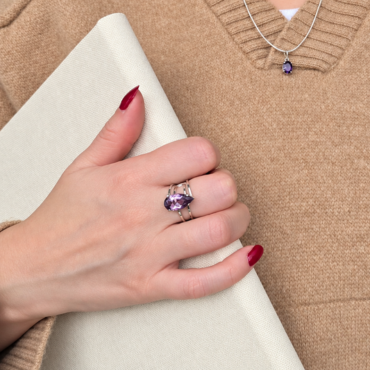Amethyst - Silver Teardrop Ring