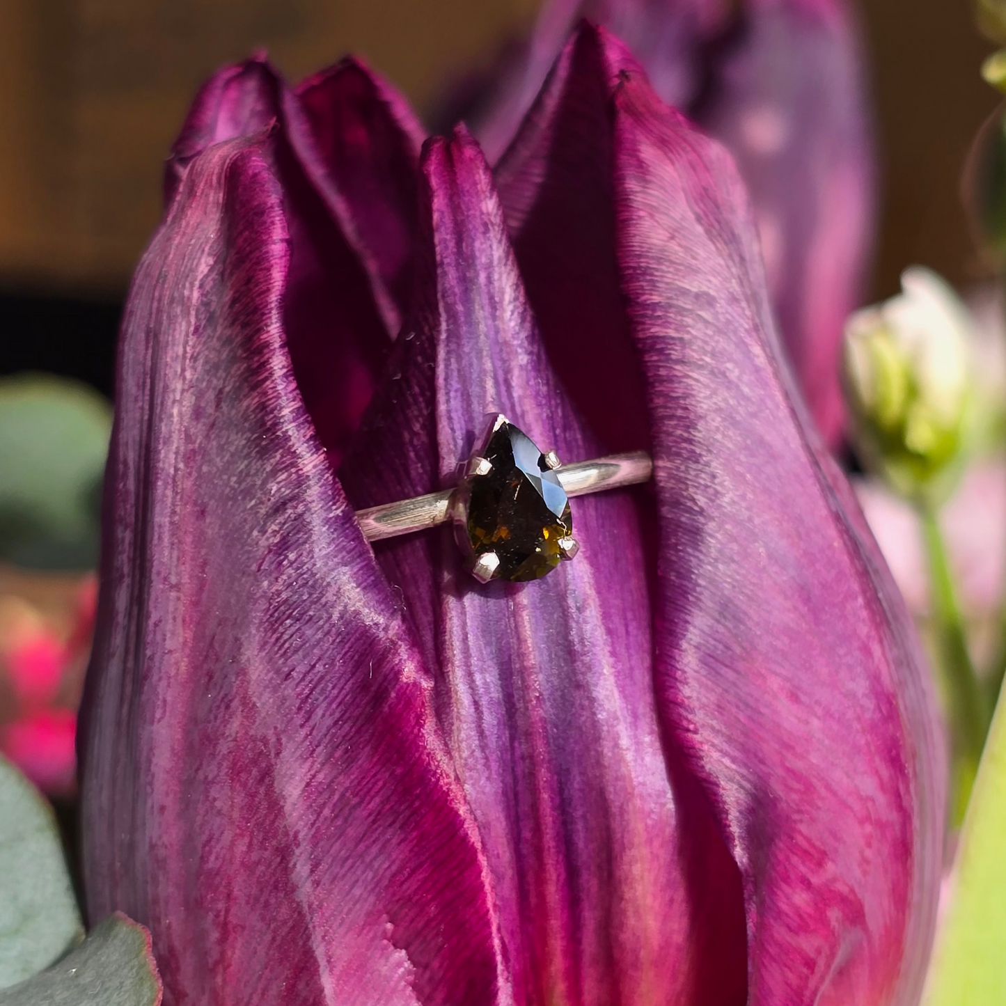 Green Tourmaline Teardrop - Silver Ring