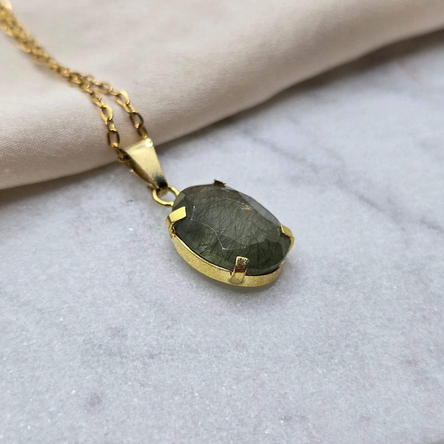 Green Rutilated Quartz - Faceted Oval Necklace