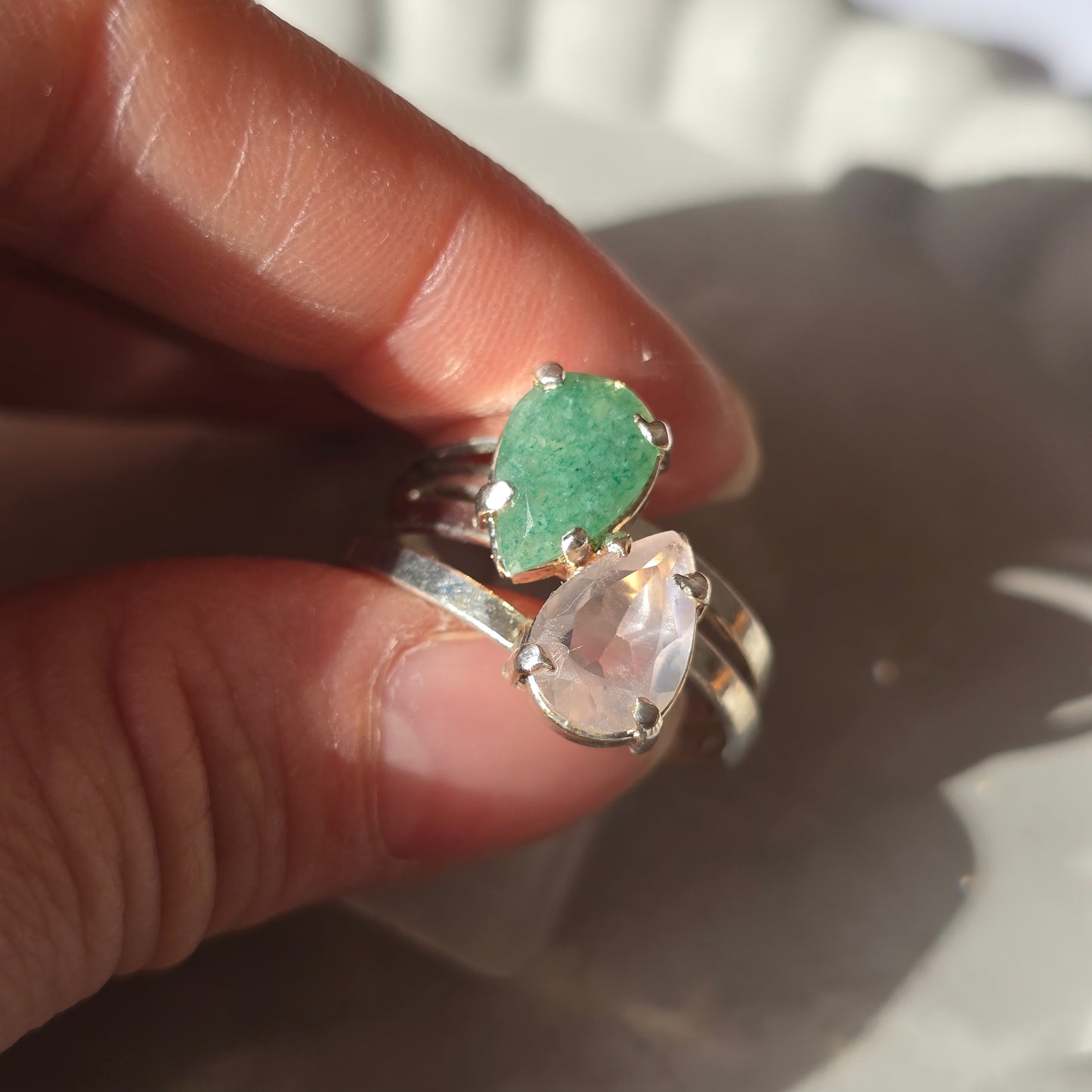 Green Aventurine And Rose Quartz - Duo Teardrop Ring
